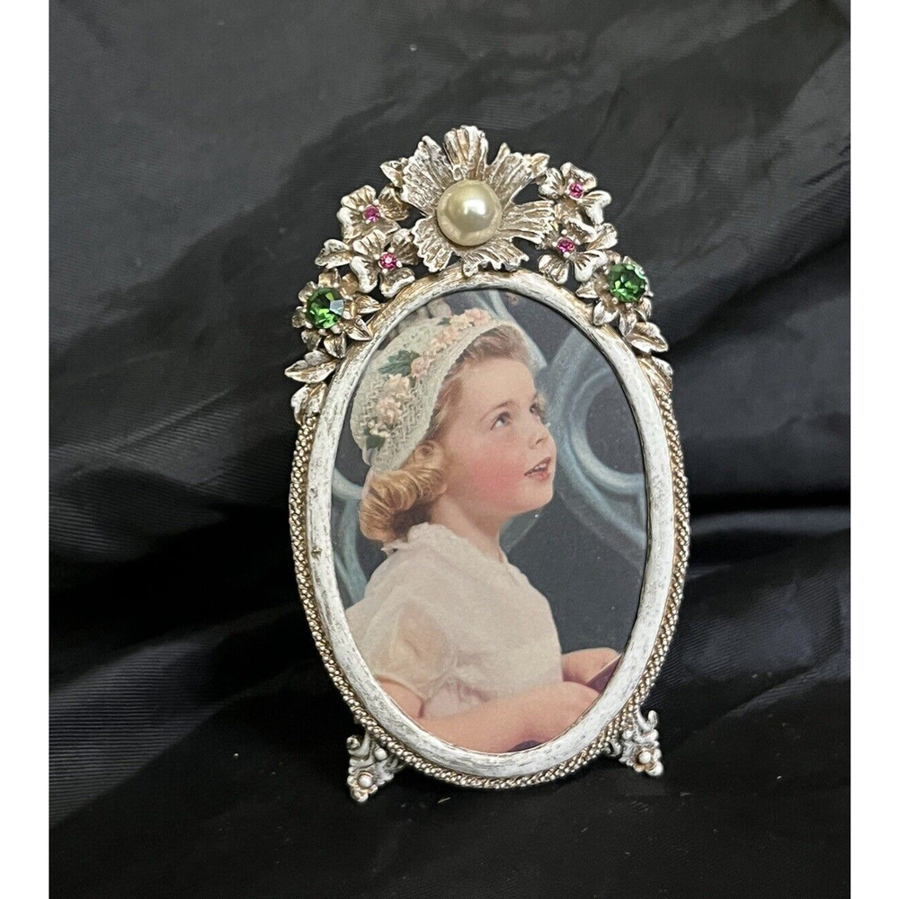 Small Florenza Enamel Photo Frame Oval White Enamel Rhinestones & Faux Pearl